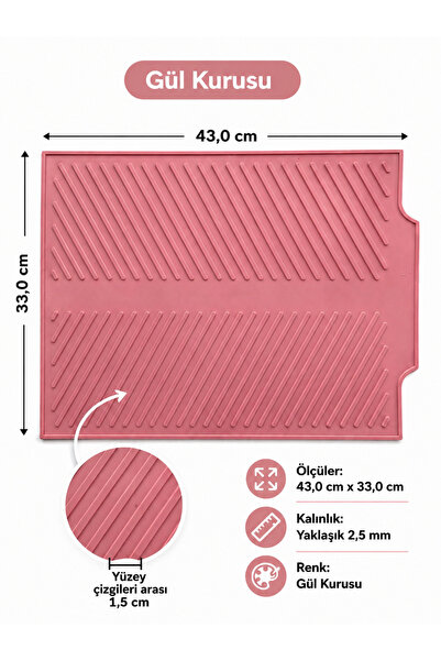 evolis kitchen 1Adet Gül Kurusu Bulaşık Matı Büyük Boy 44 X 33 Cm Silikon Bul...