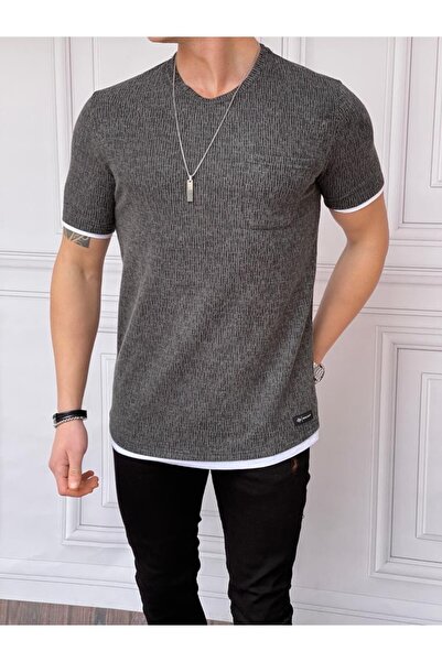 MODEFENDİ Slim Fit Gofre Kumaş Parçalı Tshırt