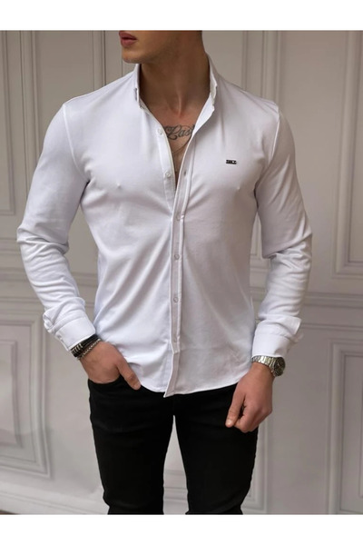 MODEFENDİ Slimfit Merserize Pamuk Uzun Kollu Gömlek