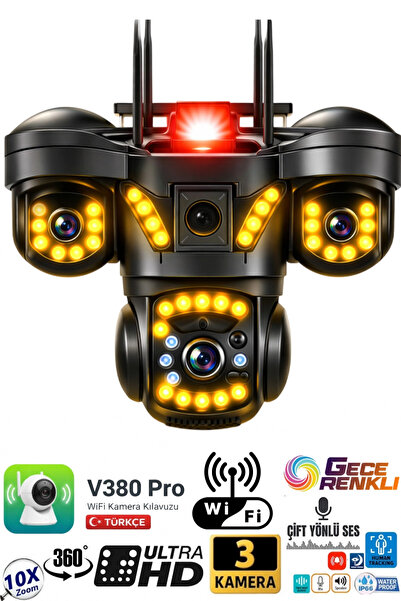 jetucuzal V380 PRO 3 Kamera 10X Zoom 4K PTZ IP Sesli Sirenli WiFi Akıllı Güve...
