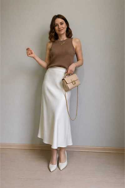 Hisleria Verev Model Σατέν Βισκόζη Υφασμάτινη Μίντι Κρεμ Φούστα