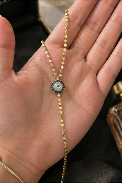 israco Gold Y Necklace with Evil Eye Bead Detail and Stone, Minimal Sparkling Steel Women's Necklace