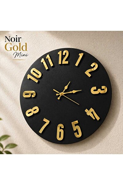 LotusLazer Tasarım Noir Gold Mini – 40X40 cm 3D Mirrored Black Wall Clock