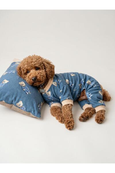 Kemique Teddy Blues Uyku Takımı | Ayıcık Desenli Pamuklu Penye Köpek Tulumu v...