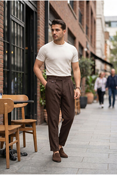 MADZEYMODA Ανδρικό υφασμάτινο παντελόνι σε στυλ boyfriend, πλισέ, με διπλό πό...