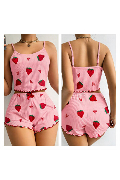 Çilek Desenli Yazlık Şortlu Pijama Takımı
