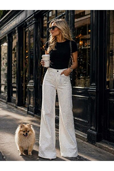 ibeeka Shine Bright Like a Diamond Premium Ecru Shiny Jeans / Denim Pants