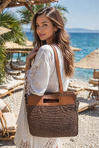 HAZAL KAYA ATELIER Brown Hand Knitted Straw Women's Bag with Strap – 40X35 cm