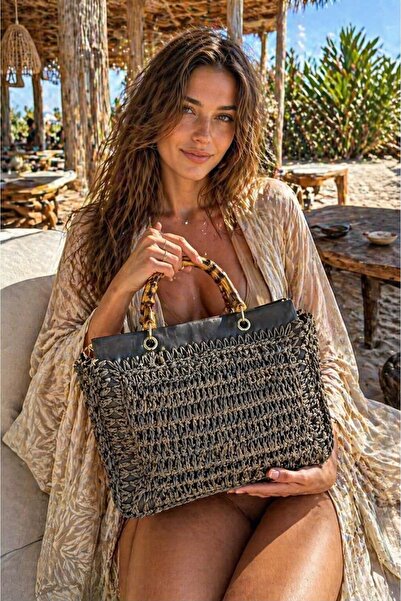 HAZAL KAYA ATELIER Brown Hand Knitted Straw Women's Bag with Wooden Handle – ...