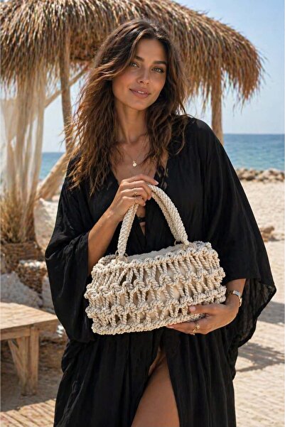 HAZAL KAYA ATELIER Beige Hand-Knitted Straw Women's Bag – 30X20 cm