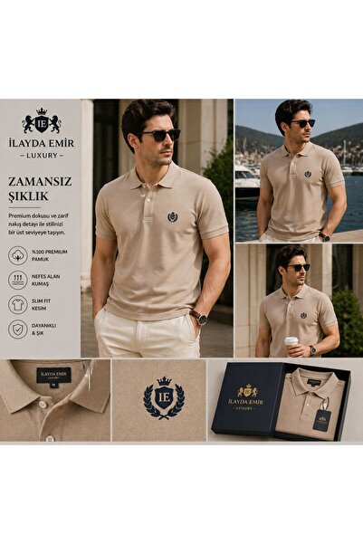 ilayda emir Beige Men's Polo Collar Buttoned Sweatshirt with Chest Emblem, 10...