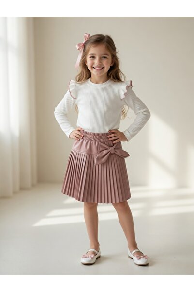İkonio Girl's Pleated Leather Skirt Blouse Set
