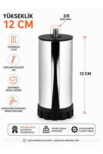 baza ayağı m8 ince diş robot süpürge uyumlu 12 cm metal krom kaplama yatak ayağı baza yükseltici kolay monte destek ayagi