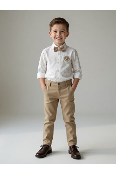 İkonio Boy's Bow Tie Top and Bottom Set - Camel