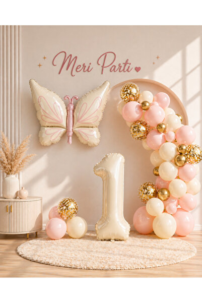 MERİ PARTİ 1 Yaş Temalı Pembe Balon Seti Doğum Günü Balon Seti 1 Yaş