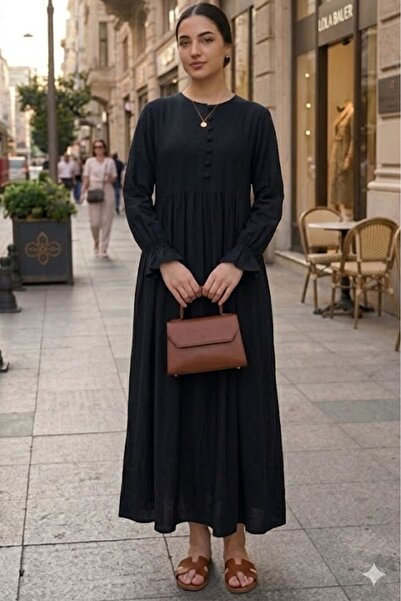 AYASOFYA OTANTIK Γυναικείο μακρυμάνικο φόρεμα με λεπτομέρεια σε μαύρο χρώμα κ...