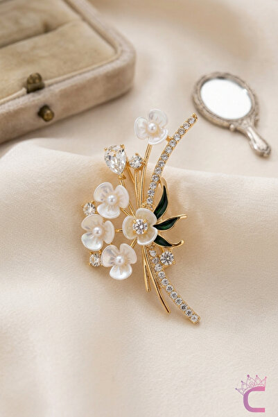 Cinderella Accessories Sedefli İncili Taşlı Çiçek Buketi Broş Kadın Broş - He...
