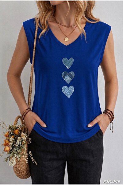 FUFLUNS ΓΥΝΑΙΚΕΙΟ ΑΜΑΝΙΚΟ T-SHIRT ΜΕ ΣΧΕΔΙΟ ΤΖΙΝ ΚΑΙ ΣΤΑΜΠΑ ΚΑΡΔΙΕΣ