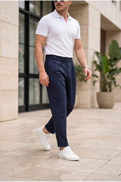 MADZEYMODA Ανδρικό υφασμάτινο παντελόνι με διπλό πόδι, πλισέ, σε μπλε ναυτικό...
