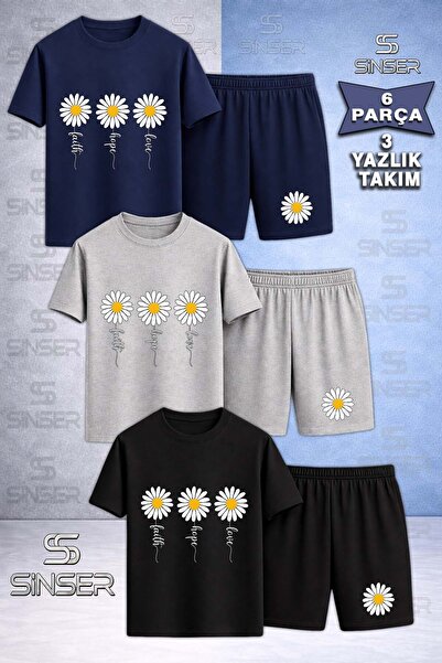 SS SİNSER Children's Papatya 3-Piece Printed Crew Neck 3-Piece T-Shirt - Shor...