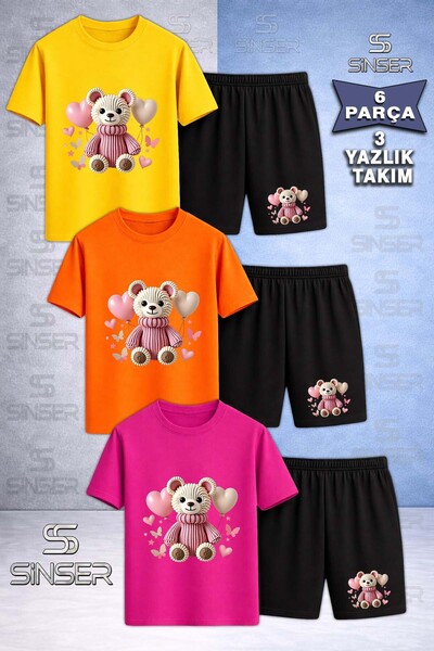 SS SİNSER Παιδικό T-Shirt 3 τεμαχίων με στάμπα αρκουδάκι και ροζ μπαλόνια - Σ...