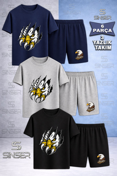 SS SİNSER Children's Eagle in the Cage Printed Crew Neck 3-Piece T-Shirt - Sh...