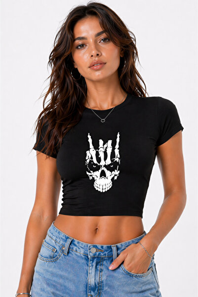 NEVERMIND Γυναικείο μπλουζάκι Baby Tee Crop με στάμπα κρανίου, σκούρα αισθητι...