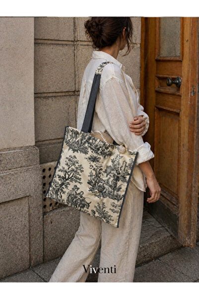 viventi Vintage Desenli Bez Tote Çanta, Baskılı Kanvas Kumaş detaylı Günlük K...