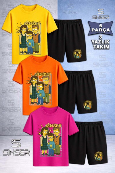 SS SİNSER Kids' Simpsn Sinser Printed Crew Neck 3-Piece T-Shirt - Shorts Set