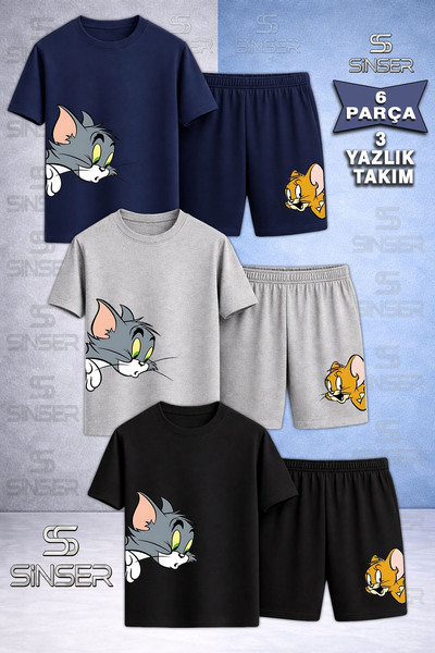 SS SİNSER Children's Cat Mouse Tm Jry Head Yanda Printed Crew Neck 3-Piece T-...