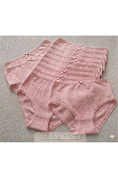 İlke 286 Kadın 12'li Paket Büyük Beden Dantelli %100 Pamuk Jakarlı Slip Külot...