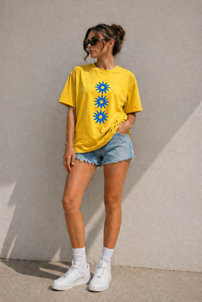 ArtYus Star Three Flowers Printed Unisex Oversize T-Shirt – Cotton Crew Neck ...