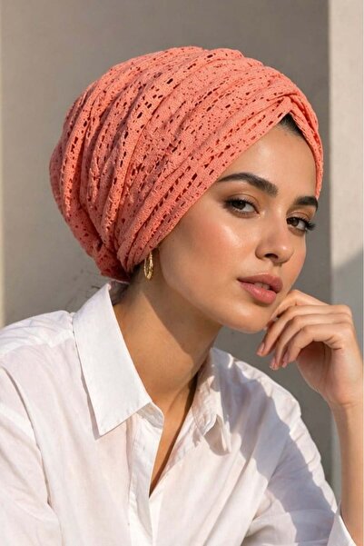 Aişe tesettür Δαντελωτό Καπέλο Ροδάκινο με Κορδόνι Περίσφιξης