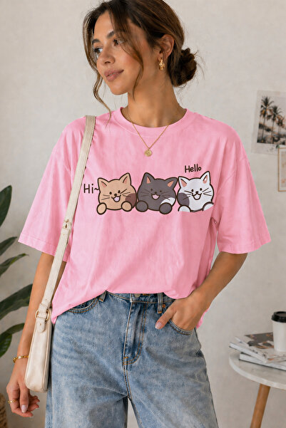 ArtYus Hello Cat Printed Unisex Oversize T-Shirt – Cotton Crew Neck Casual T-...