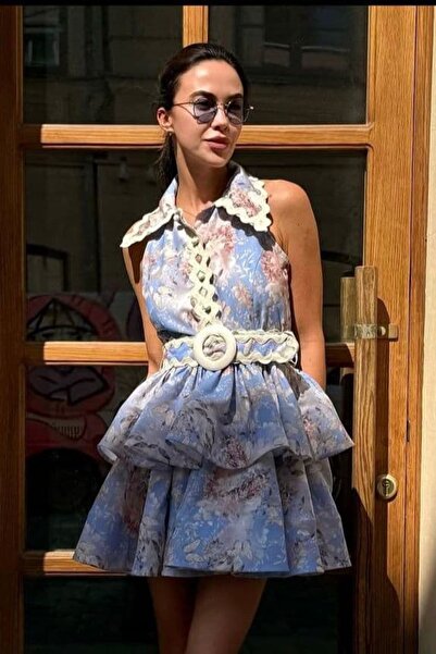 Pulli Collection Λινό μίνι φόρεμα με φλοράλ σχέδια και βολάν, με ζώνη