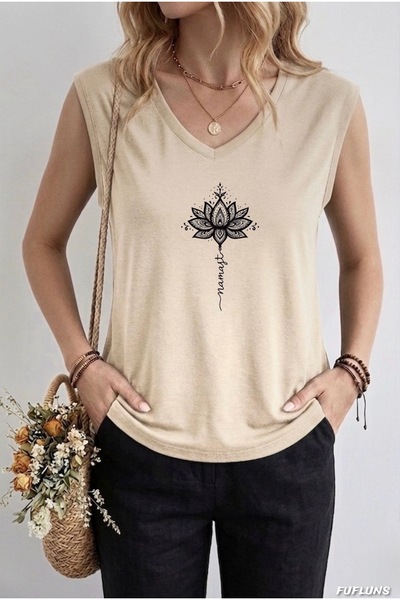 FUFLUNS Γυναικείο αμάνικο μπλουζάκι με στάμπα Ναμάστε Λωτός