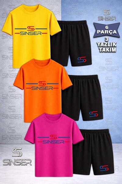 SS SİNSER Children's 2 Short Long Line Printed Crew Neck 3-Piece T-Shirt - Sh...