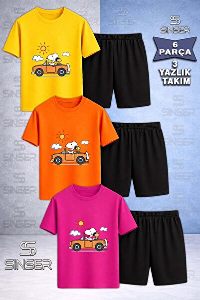 SS SİNSER Παιδικό SNOPY ARABADA Σετ μπλουζάκι 3 τεμαχίων με στάμπα και σορτς