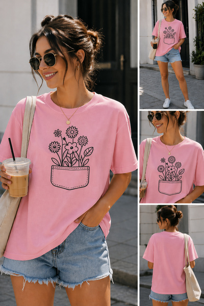 ArtYus Pocket Flower Minimal Printed Unisex Oversize T-Shirt – Cotton Crew Ne...