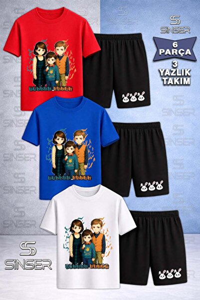 SS SİNSER Children's Sinser Famly Printed Crew Neck 3-Piece T-Shirt - Shorts Set