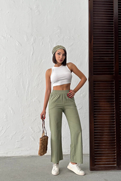 Lusin Γυναικείο ανοιχτόχρωμο χακί παντελόνι με ψηλή μέση, ελαστική μέση, φαρδ...