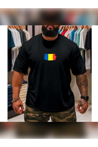 TİMİSİVA Unisex Oversized Printed Crew Neck Short Sleeve Black T-Shirt