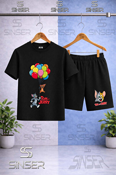 SS SİNSER Kids' Cat Mouse Tm Jry Balloon Printed Crew Neck T-Shirt - Shorts Set