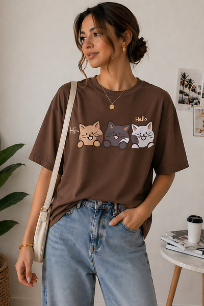 ArtYus Hello Cat majica sa štampanjem, unisex, oversize – pamučna ležerna maj...