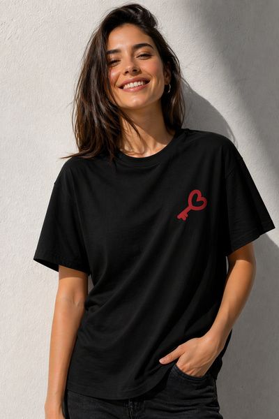 ArtYus Heart Key Minimal Printed Unisex Oversize T-Shirt – Cotton Crew Neck C...
