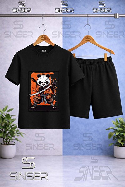 SS SİNSER Children's Panda Ninja Sword Printed Crew Neck T-Shirt - Shorts Set