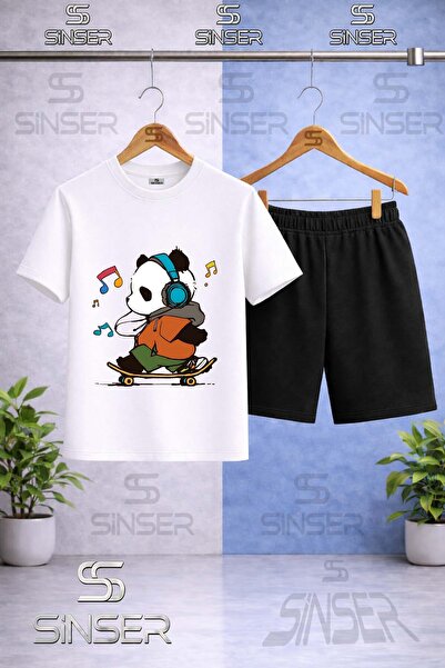 SS SİNSER Kids' Panda Skateboard Colorful Note Printed Crew Neck T-Shirt - Sh...