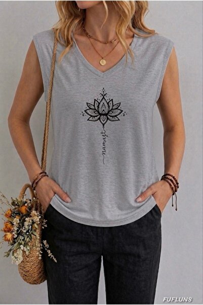FUFLUNS Γυναικείο αμάνικο μπλουζάκι με στάμπα Ναμάστε Λωτός