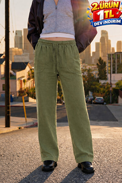 DAMGA JEANS Γυναικείο ψηλόμεσο φαρδύ καλοκαιρινό πράσινο λινό παντελόνι jogger