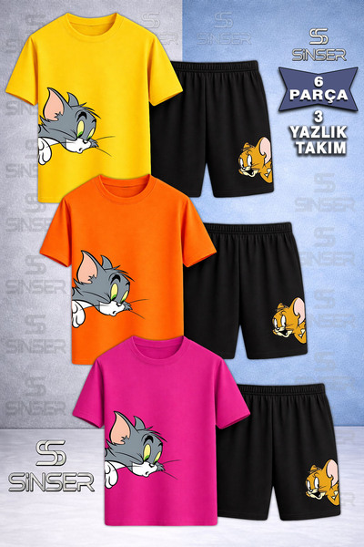 SS SİNSER تي شيرت للأطفال مطبوع عليه KEDI FARE TM JRY KAFA YANDA برقبة دائرية...